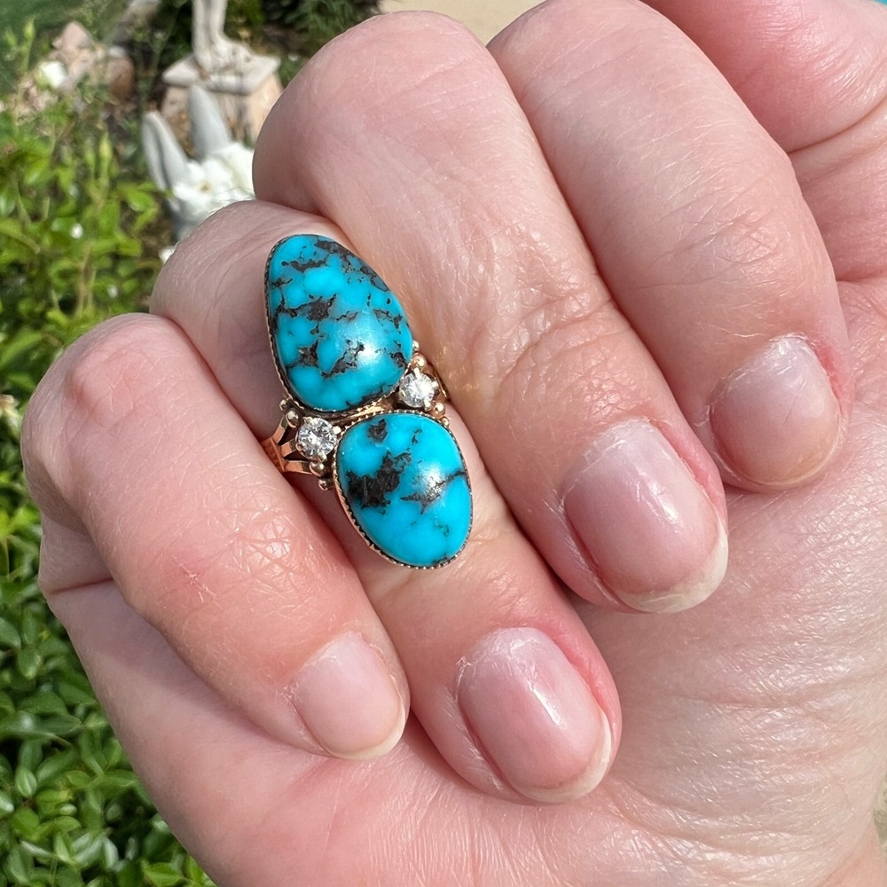 Vintage 14k Yellow Gold Turquoise Diamond Ring - Picture 5 of 15